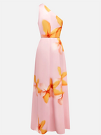 Pink Floral One-Shoulder Slit A-Line Gown