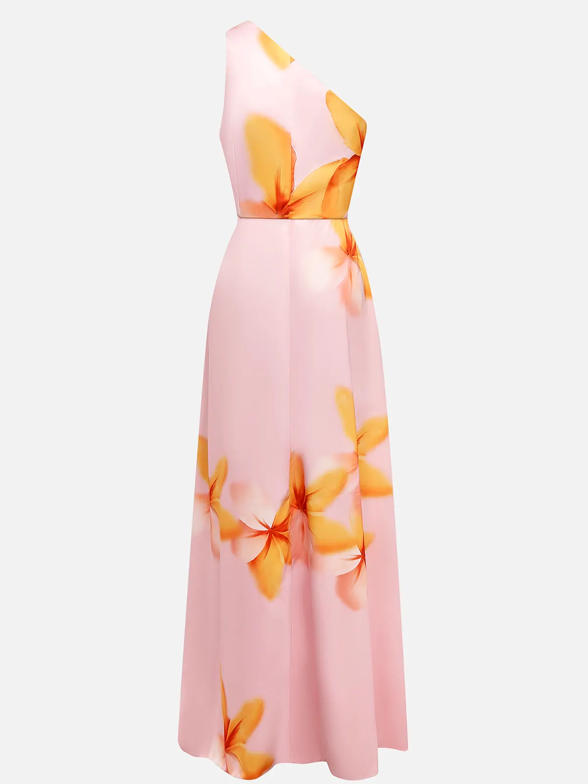 Pink Floral One-Shoulder Slit A-Line Gown