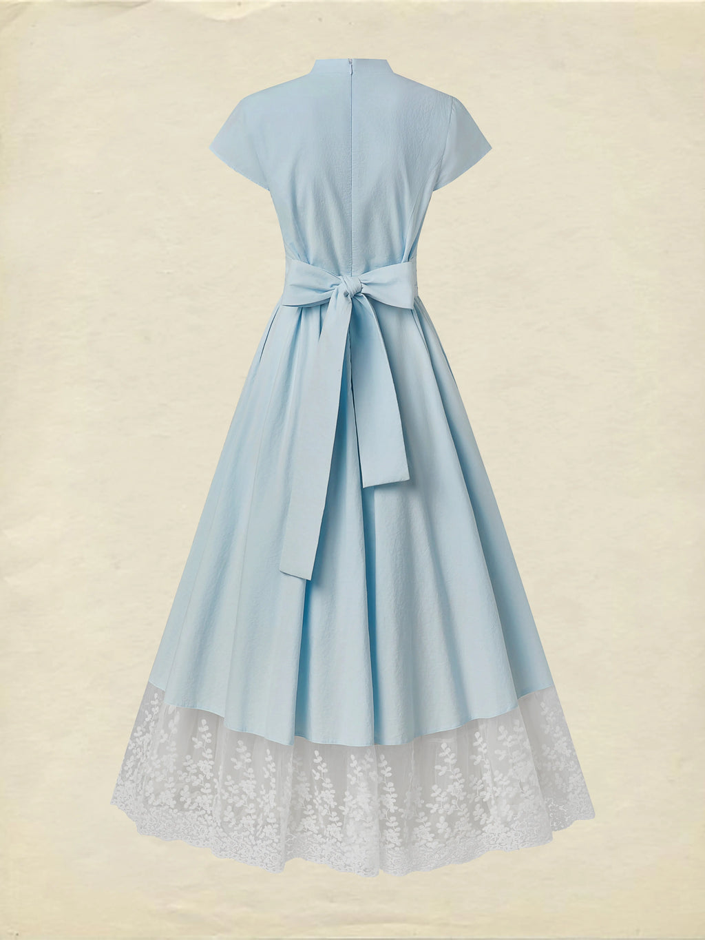 Maxi Cotton Dress , Short Sleeves, V Neck, Plain, Lace, French Vintage, Aqua blue