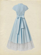 Maxi Cotton Dress , Short Sleeves, V Neck, Plain, Lace, French Vintage, Aqua blue