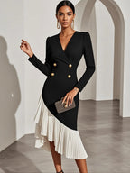 Black Irregular Craftsmanship Pleated Blazer V Neck Long Sleeve Sheath Midi Dress