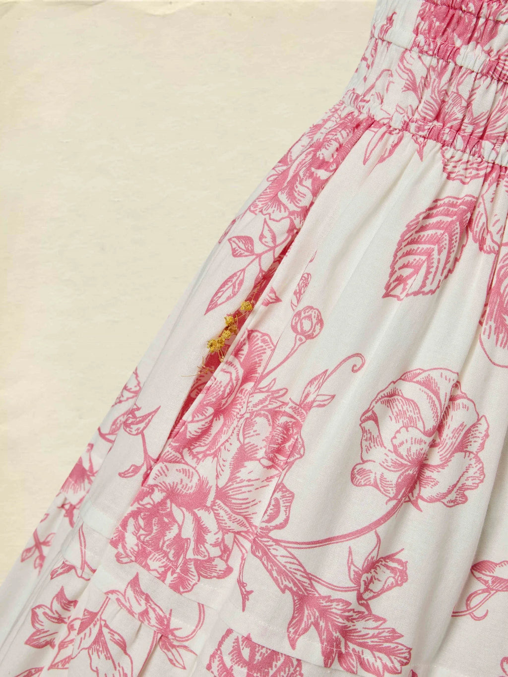 Maxi Cotton Dress, Short Sleeves, V Neck, Floral, Vintage, Apricot