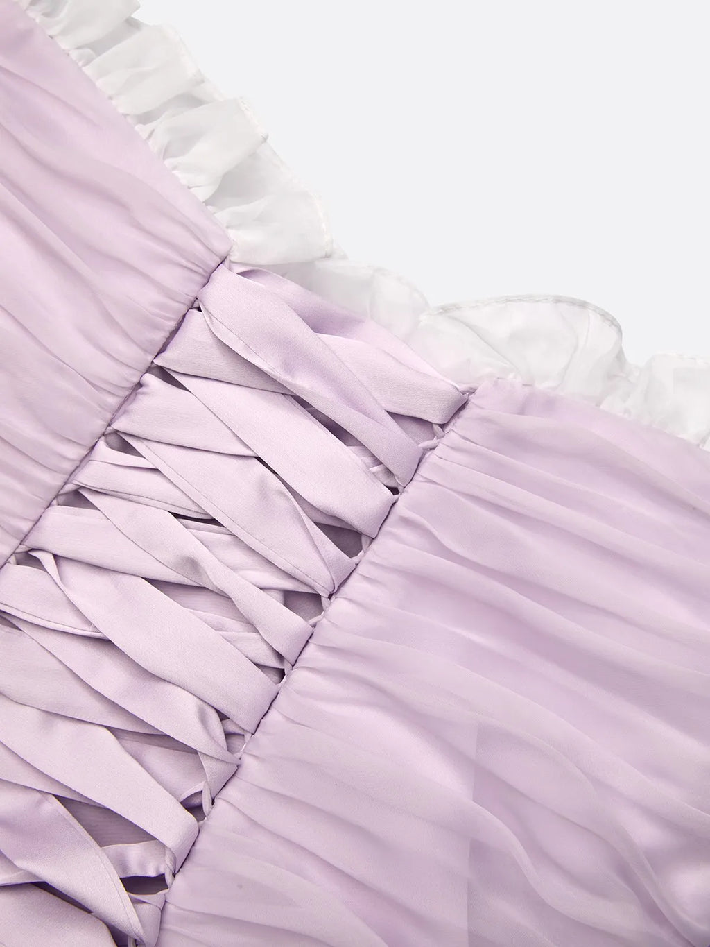 Lavender Ruched Lace Chiffon Off The Shoulder Short Sleeve A-Line Midi Dress