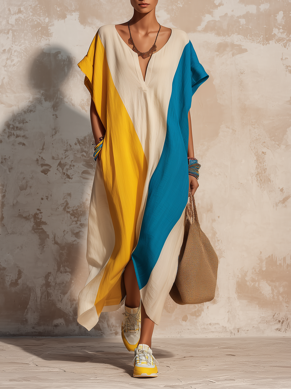 Color-Block Caftan Maxi Dress With Split Hem & Side Pockets