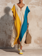 Color-Block Caftan Maxi Dress With Split Hem & Side Pockets