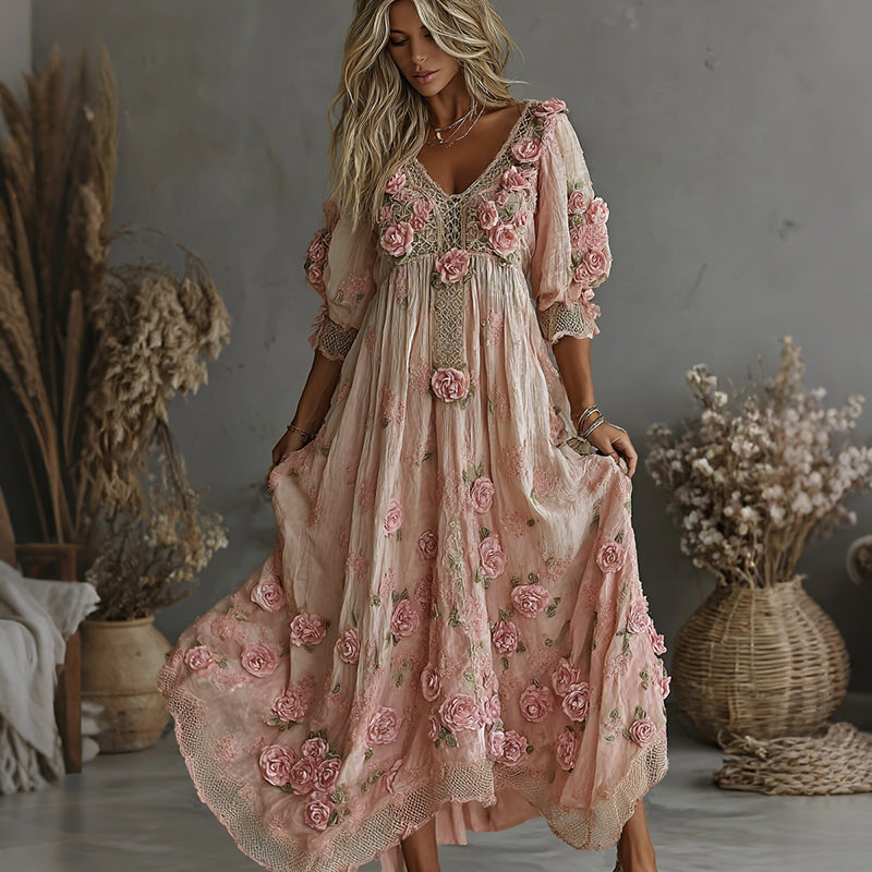 Women's Vintage Floral Art Print Flowy Linen Blend Casual Short Sleeve V Neck Maxi Dress