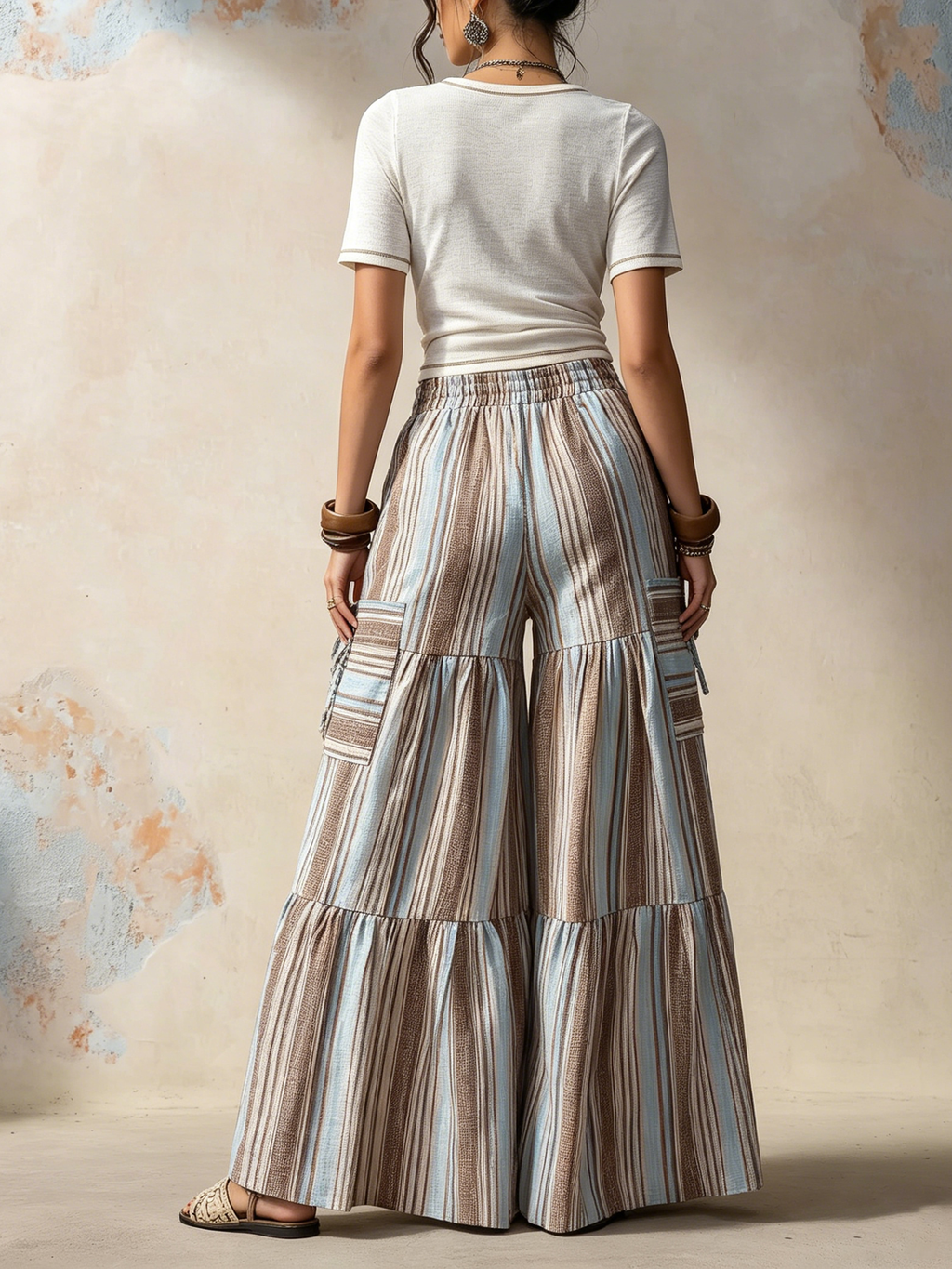 Boho Striped Tiered Wide-Leg Cargo Pants With Pockets