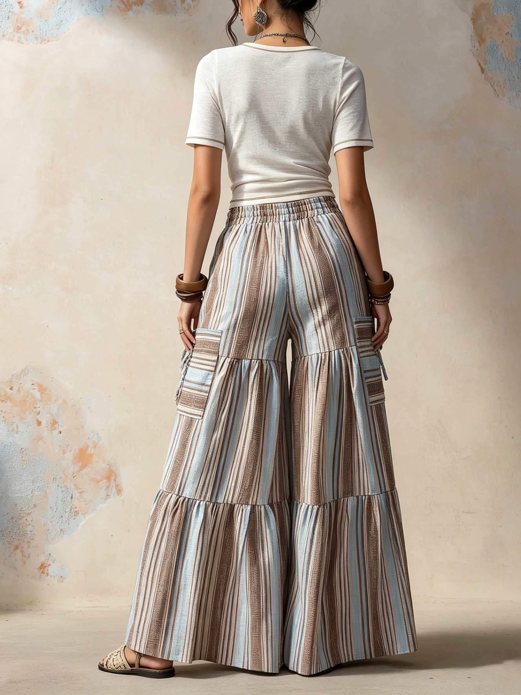 Boho Striped Tiered Wide-Leg Cargo Pants With Pockets