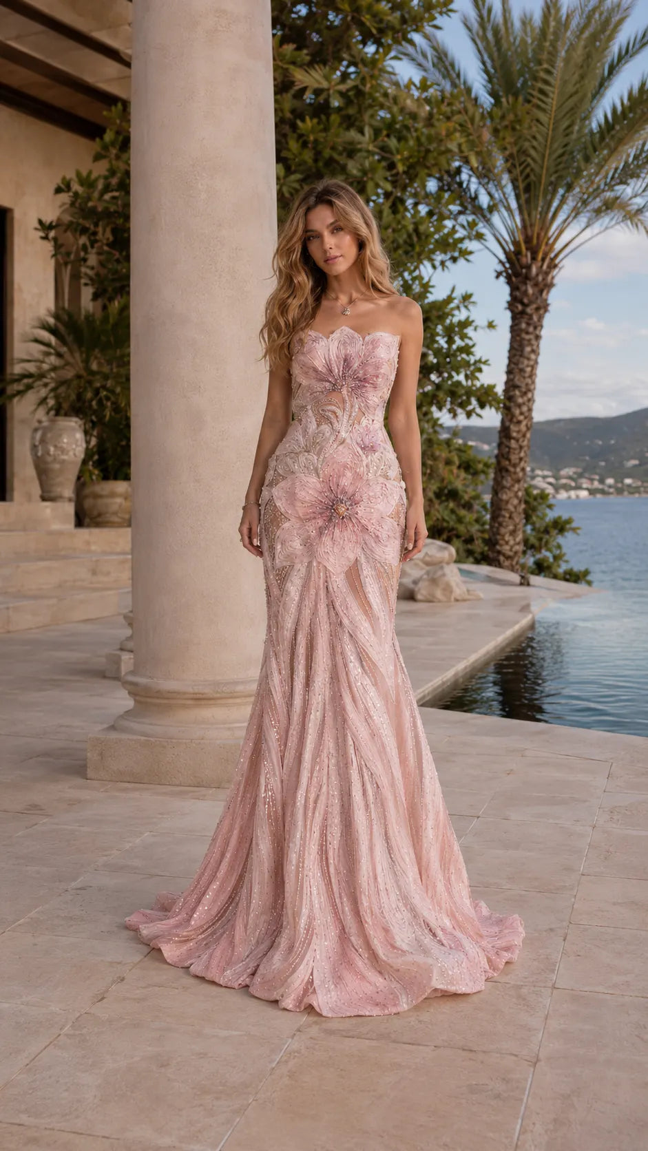 Gradient Floral Mermaid Train Evening Gown