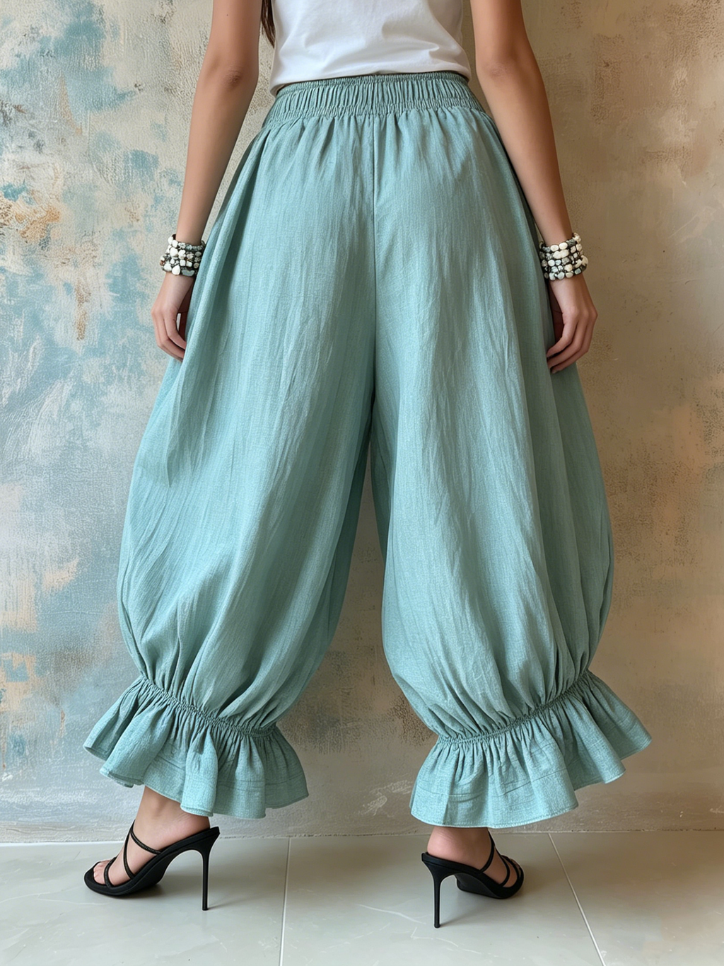 Boho Ruffle Hem Elastic Waist Harem Pants | Relaxed Fit Casual Linen Trousers