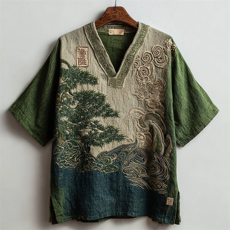 Japanese Pine Tree & Sea Waves Embroidered Contrast Linen Shirt