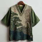 Japanese Pine Tree & Sea Waves Embroidered Contrast Linen Shirt