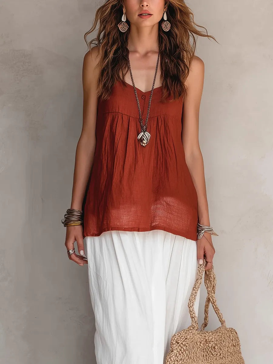 Caramel Sleeveless Top And White Slit Skirt Linen Suit