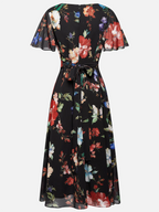 Black Floral Chiffon V Neck Short Sleeve Bell Sleeve A-Line Midi Dress