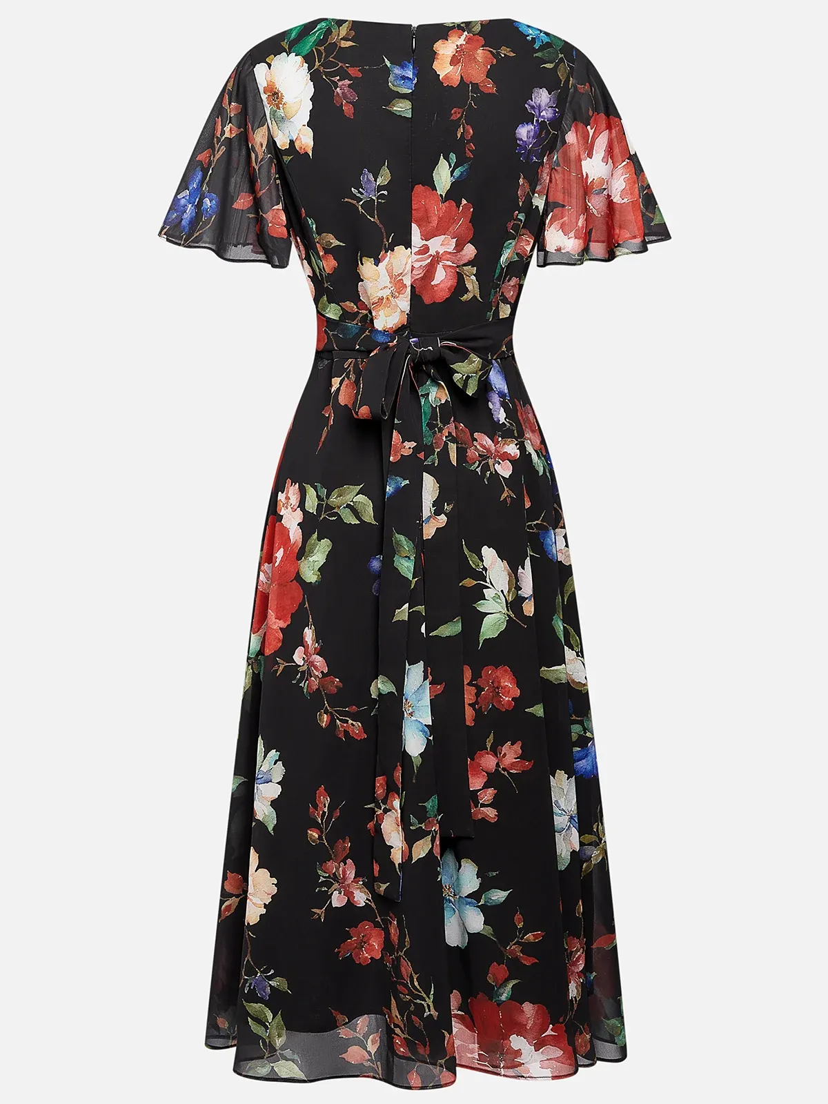 Black Floral Chiffon V Neck Short Sleeve Bell Sleeve A-Line Midi Dress