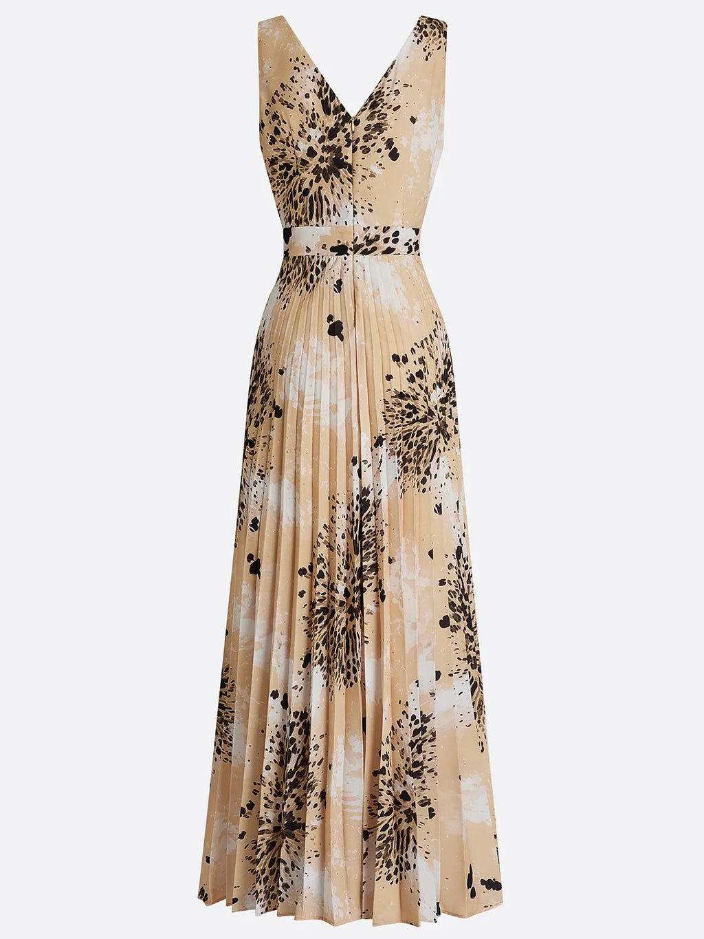 Apricot Pleated Floral Chiffon V Neck Sleeveless A-Line Maxi Dress