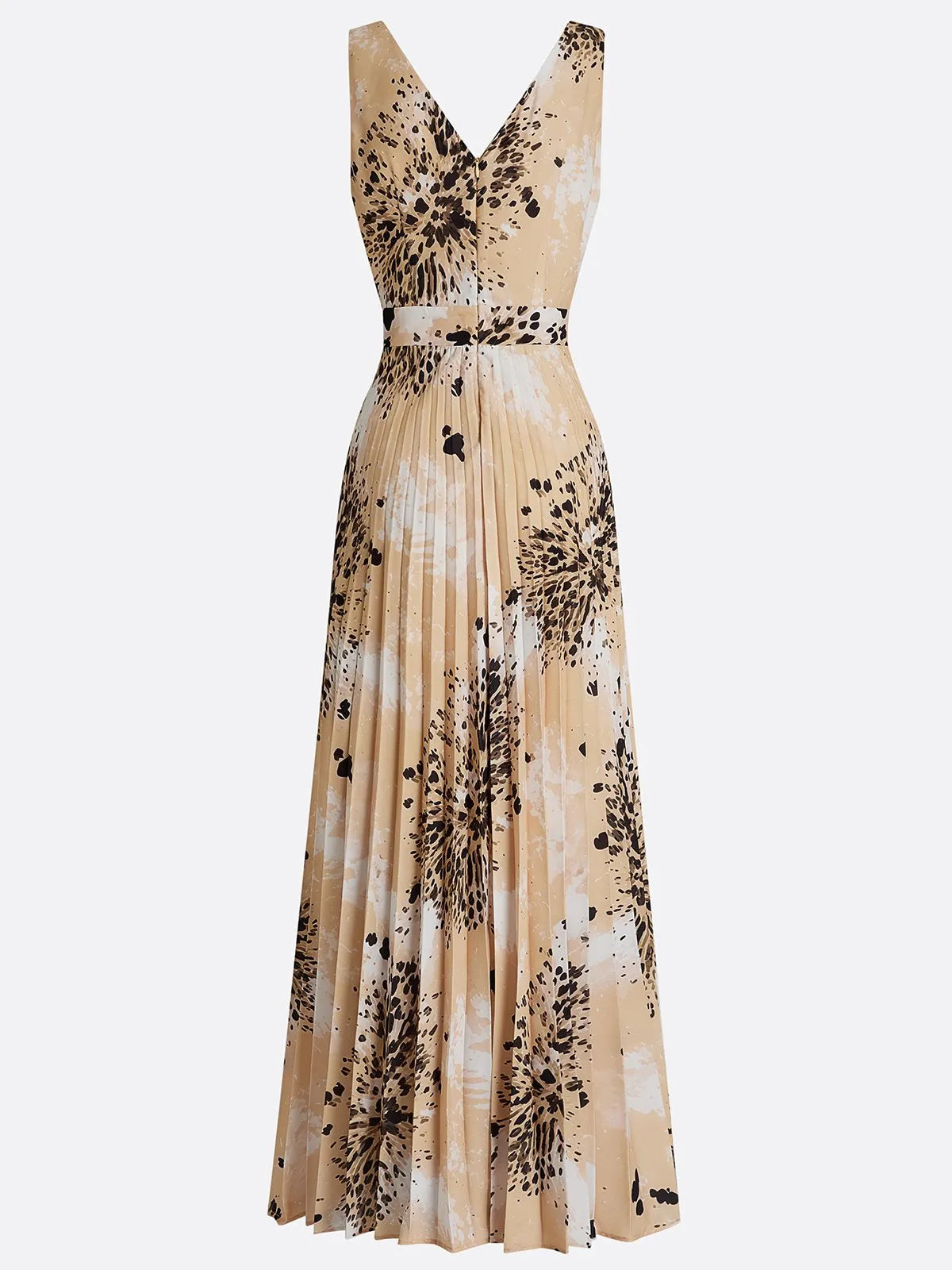 Apricot Pleated Floral Chiffon V Neck Sleeveless A-Line Maxi Dress