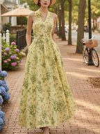 Maxi Cotton Dress, Sleeveless, V Neck, Floral, 3D Floral (Detachable), Vacation, Vintage, Yellow