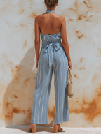Blue & White Striped Denim Halter Neck Wide-Leg Jumpsuit