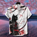 Japanese Style Pink Cherry Blossom Tree Under Black Cat Samurai Pattern Casual Cotton Shirt