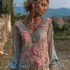 Floral Glitter Diamonds Beaded Gradient Flowy Linen Tunic