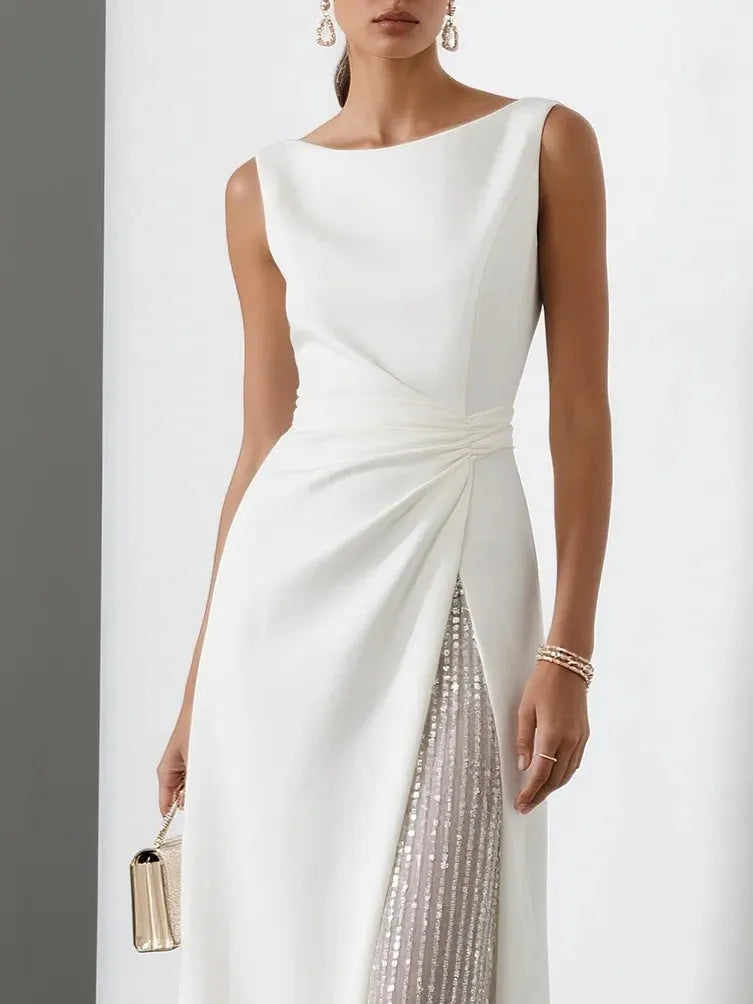 White Sequin Ruched Classic Boat Neck Sleeveless A-Line Midi Dress