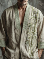 Men's Japanese Bamboo Art Pattern Linen Blend Kimono Cardigan