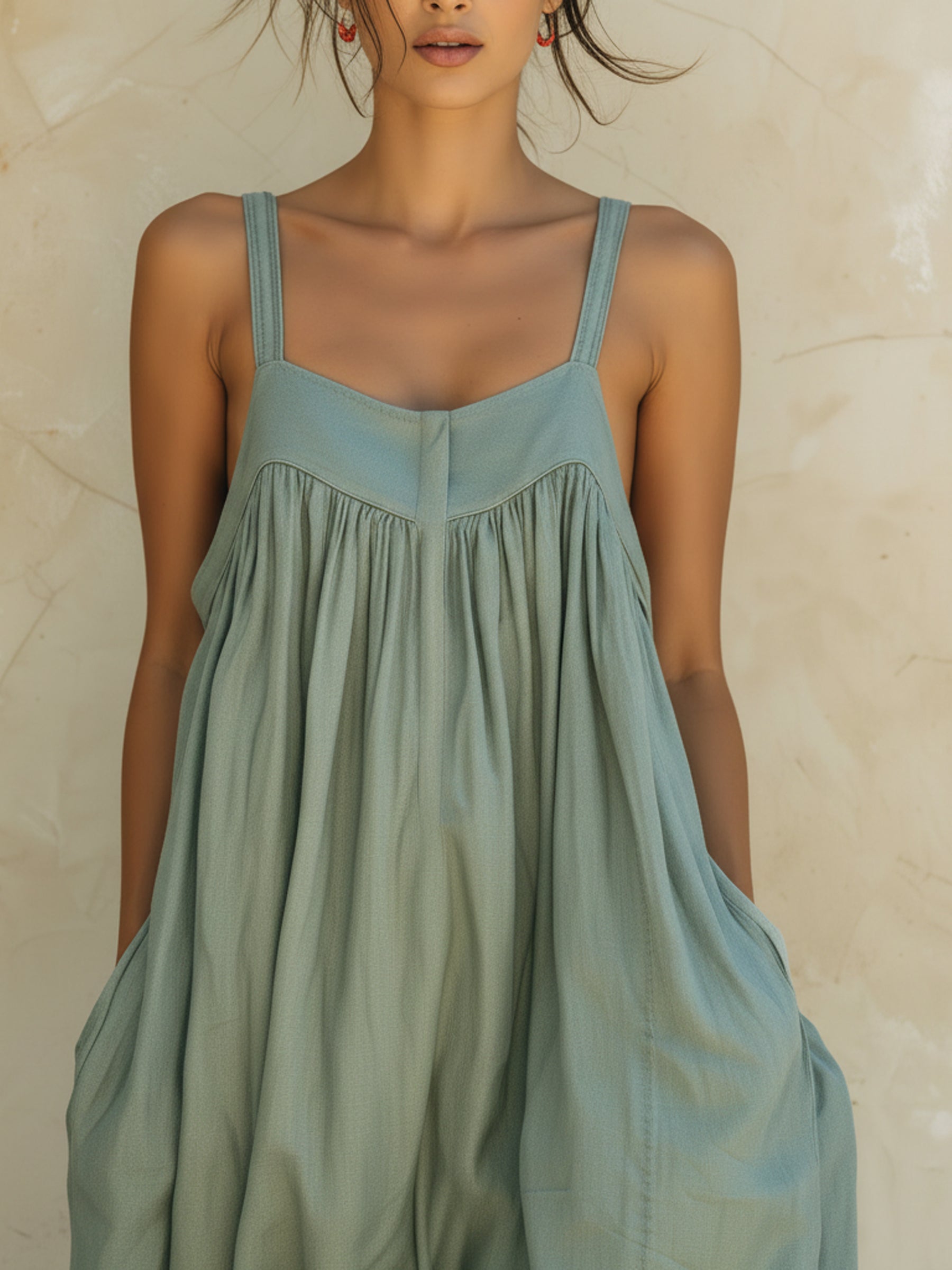 Sage Green Sleeveless Denim Jumpsuit - Loose Baggy Style With Pockets