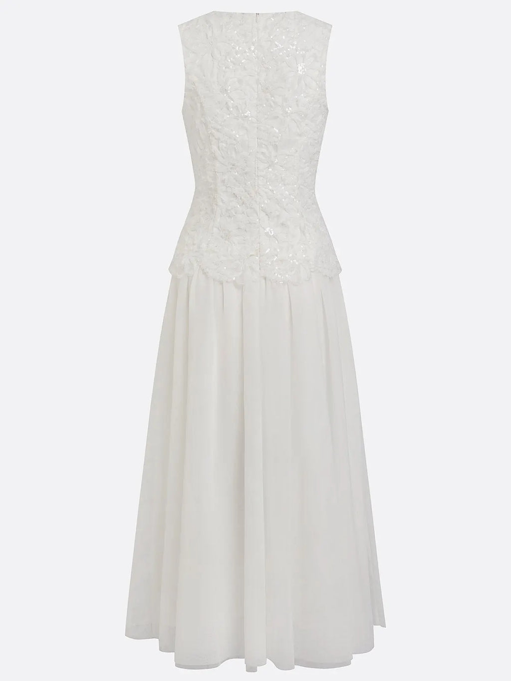 White Lace Classic Crew Neck Sleeveless A-Line Maxi Dress