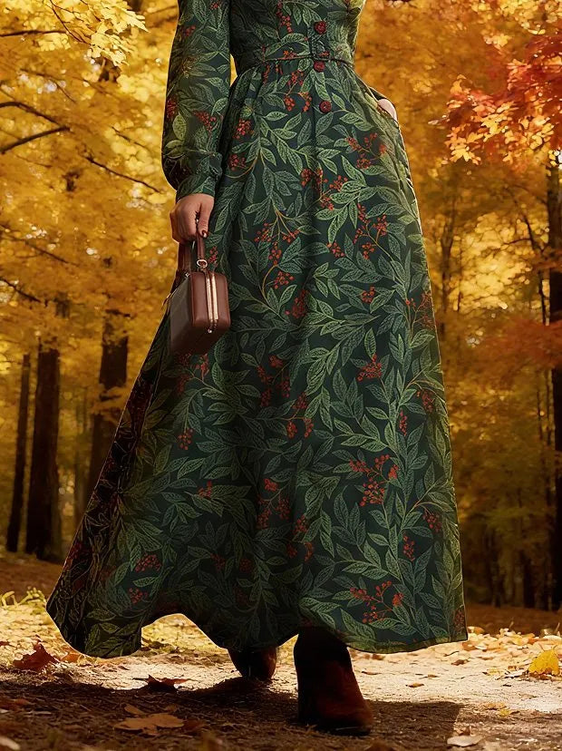 Maxi Linen Dress, Long Sleeves, Shawl Collar, Floral, Button Design, Vintage, Green
