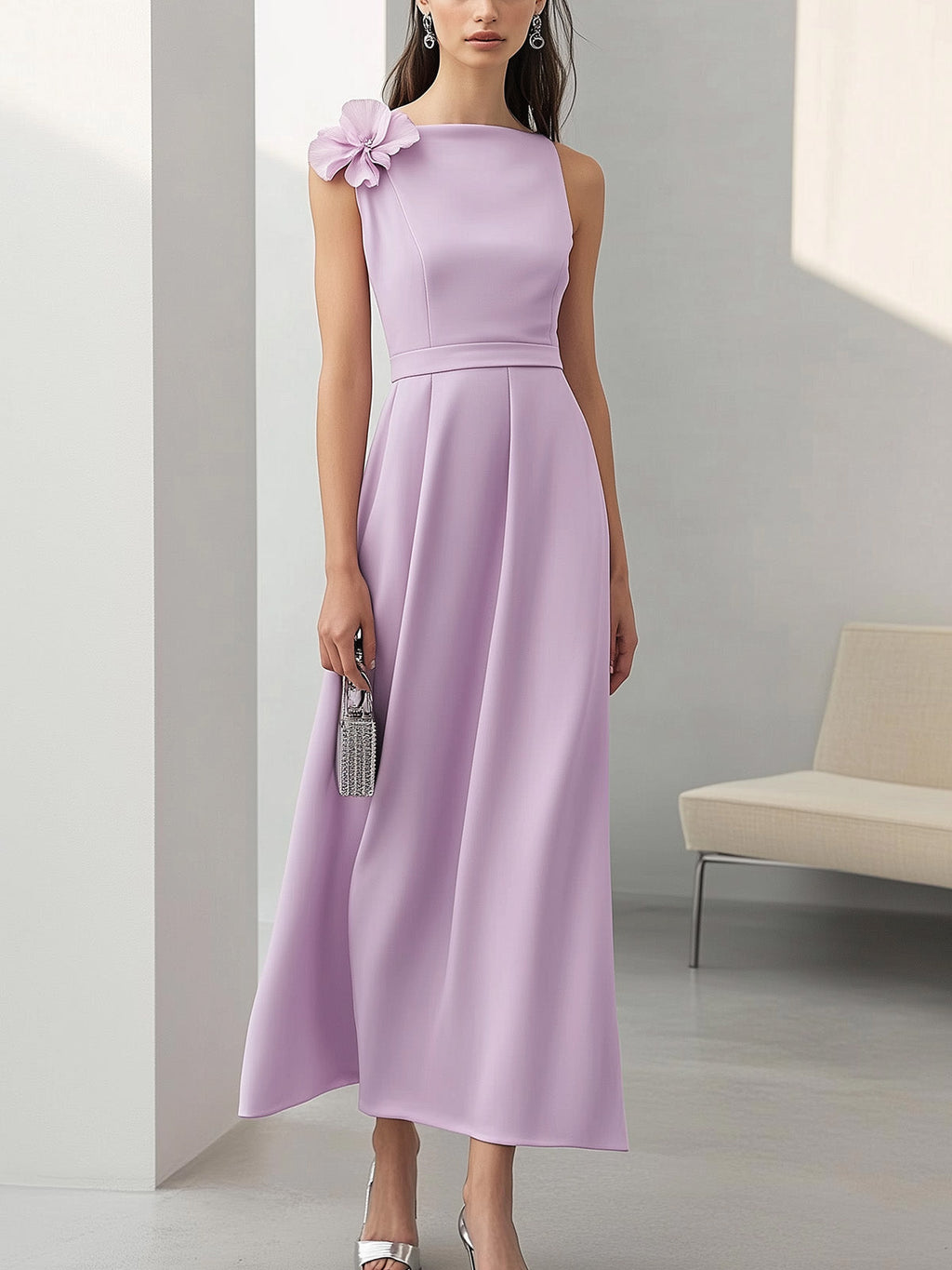 Elegant Lilac Satin Dress with 3D Shoulder Flower