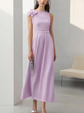 Elegant Lilac Satin Dress with 3D Shoulder Flower
