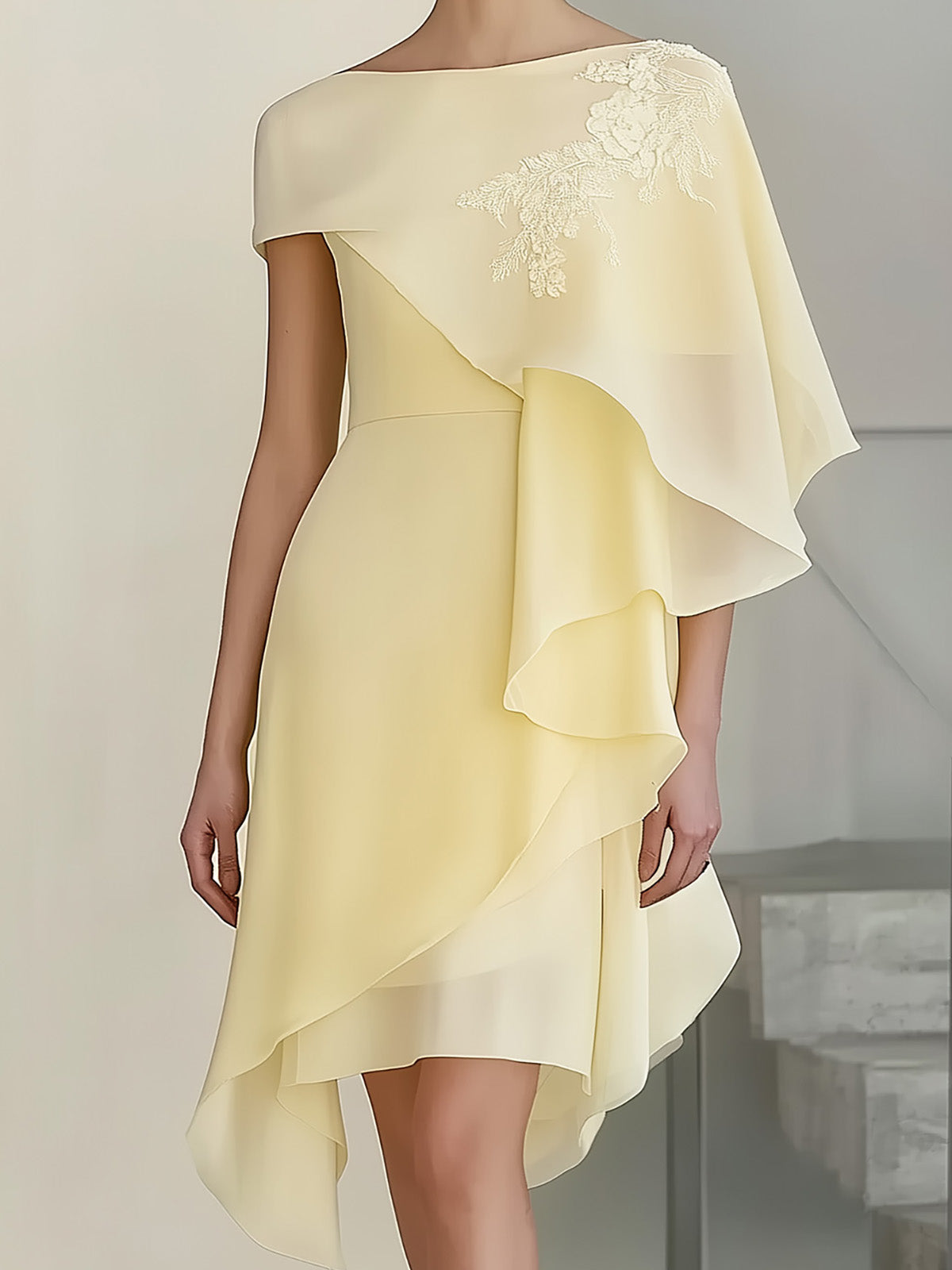 Pale Yellow Chiffon Dress with Cape Sleeves and Shoulder Embroidery