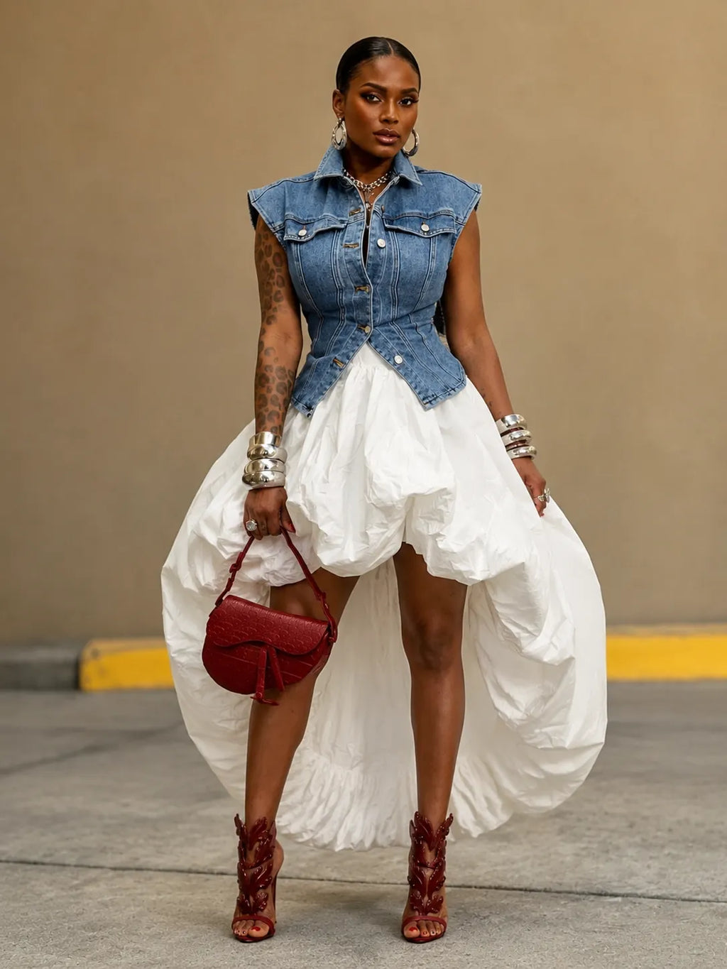 Sleeveless Denim Vest High Low Skirt Two Piece Set