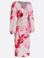 Pink Floral Satin V Neck Long Sleeve Balloon Sleeve Sheath Midi Dress