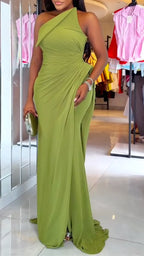 One‑Shoulder Ruched Slit Evening Gown