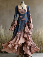 Women's Spring Elegant Flowers Irregular Ruffle Maxi Dress