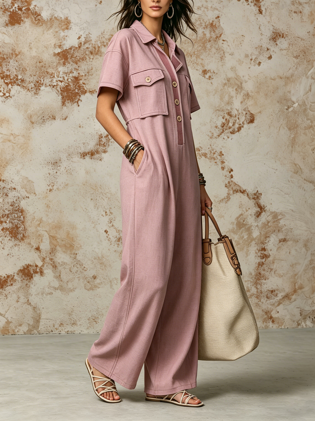 Dusty Pink Linen-Blend Utility Pocket Wide-Leg Jumpsuit
