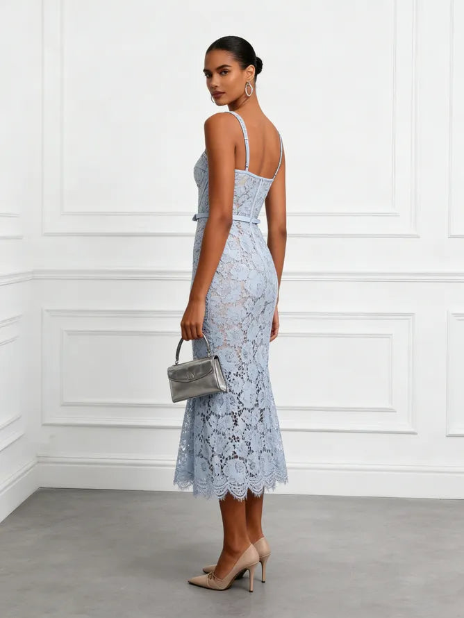 Light Blue Lace Sweetheart Neckline Sleeveless Mermaid Midi Dress