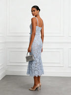 Light Blue Lace Sweetheart Neckline Sleeveless Mermaid Midi Dress
