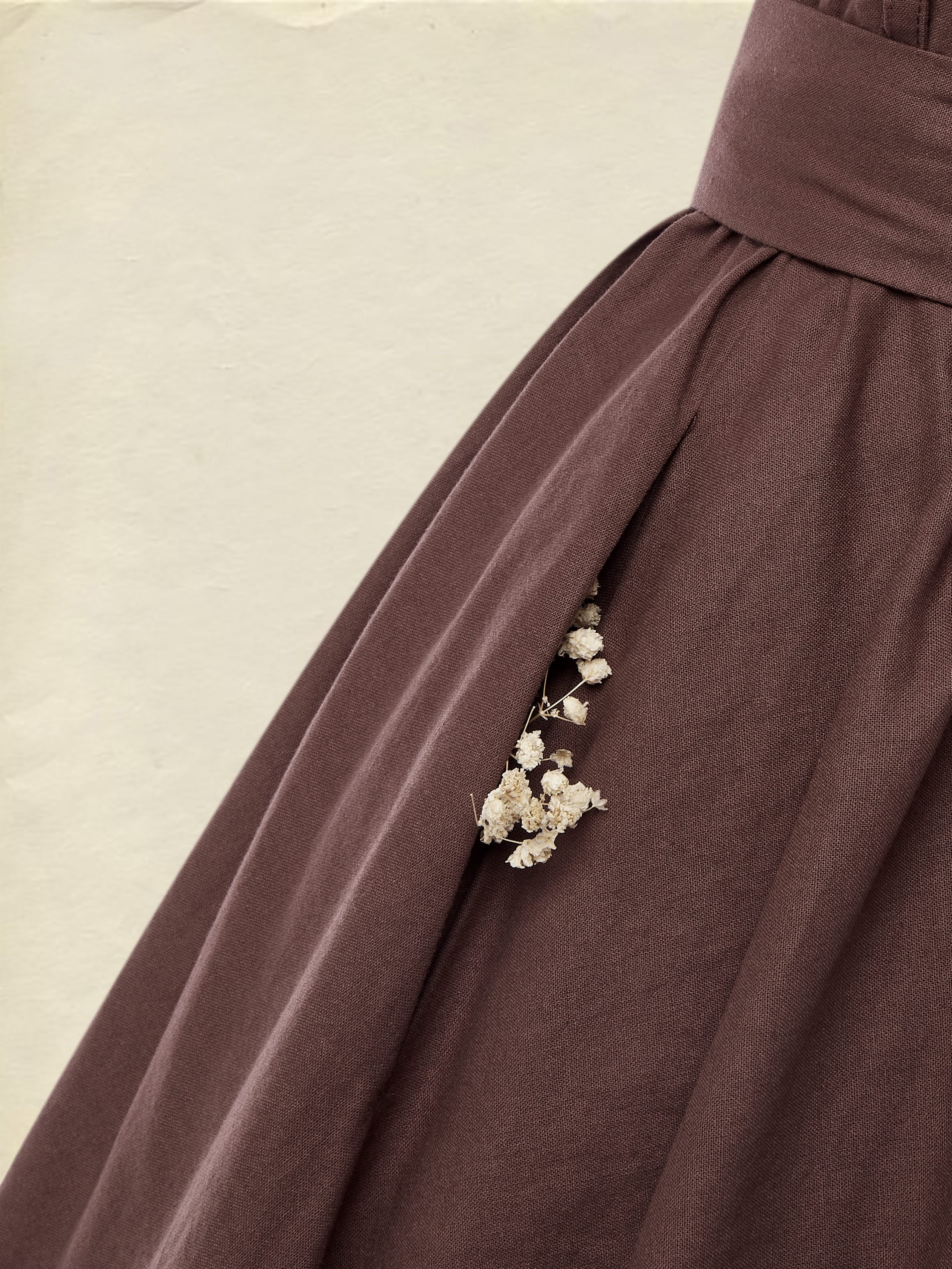 Linen Maxi Dress, Short Sleeve, Lace Collar, Plain, Vintage, CAMEO BROWN