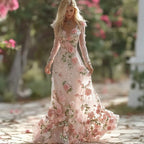 Vintage Boho Pink Roses Embroidered V Neck Flowy Maxi Dress