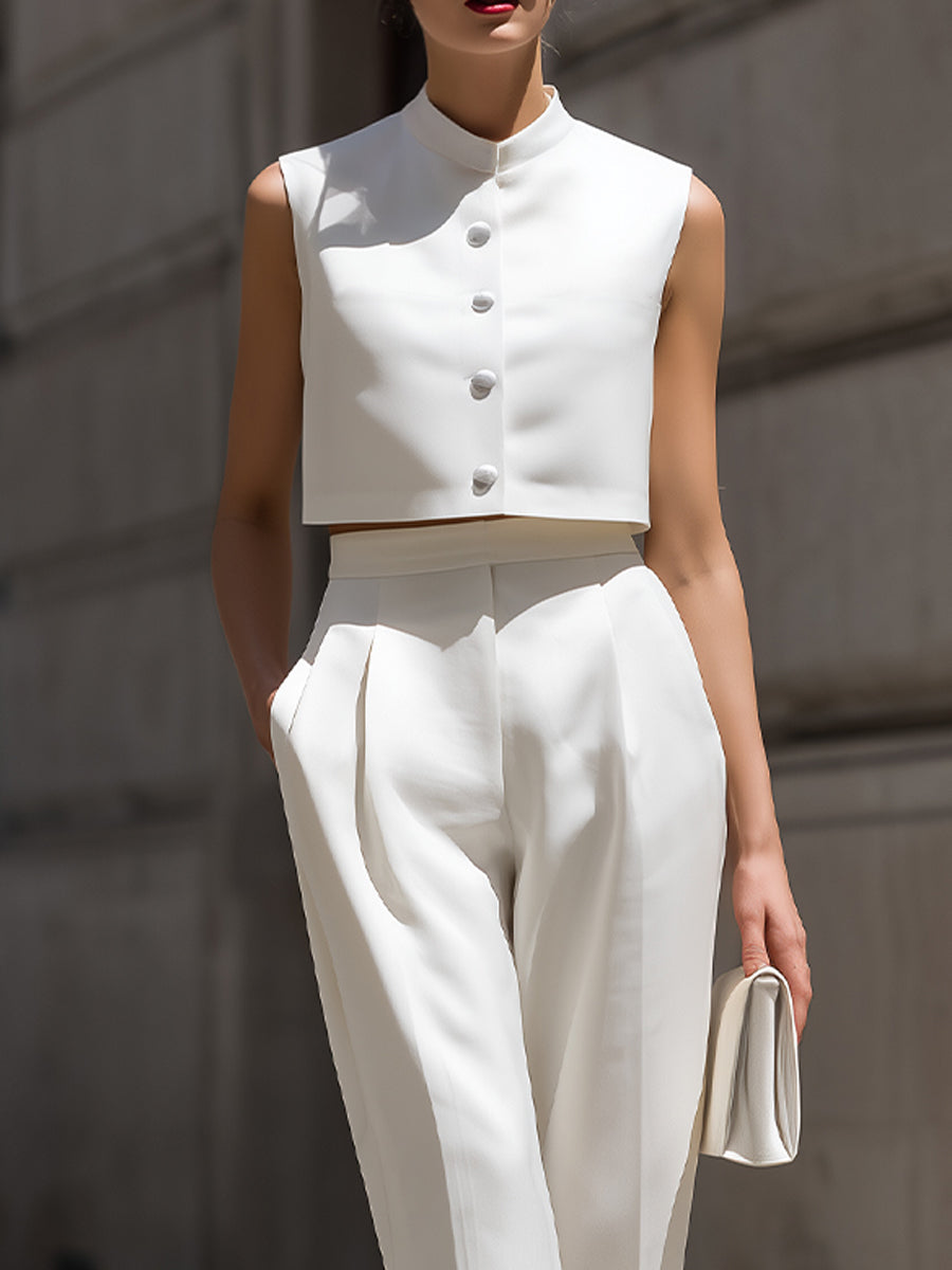 Sleeveless Stand Collar Button Down Crop Top & High Waist Pleated Tapered Pants