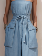 Light Blue Strapless Denim Wide Leg Jumpsuit With Belted Waist