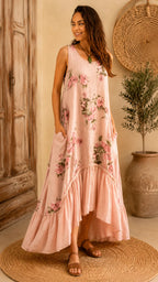 Rose Floral Sleeveless Linen-Blend Maxi Dress