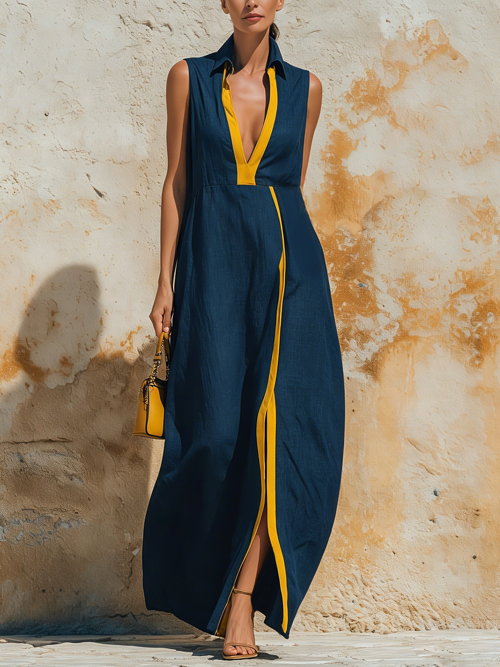 Navy Blue Tencel Denim Contrast Trim Sleeveless Maxi Dress