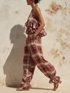 Red Plaid Ruffle-Hem Halter Jumpsuit - Effortless Summer Style