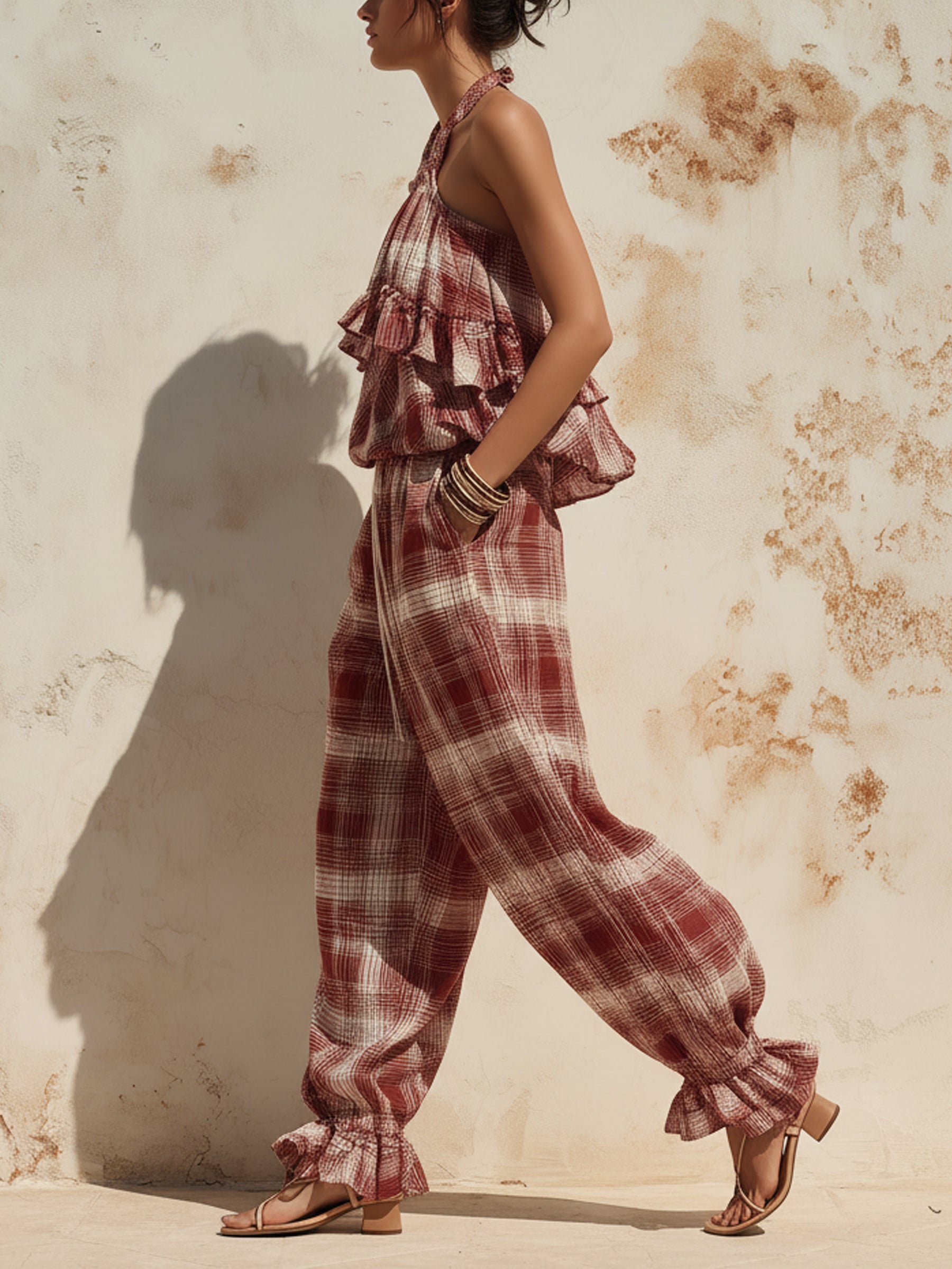 Red Plaid Ruffle-Hem Halter Jumpsuit - Effortless Summer Style