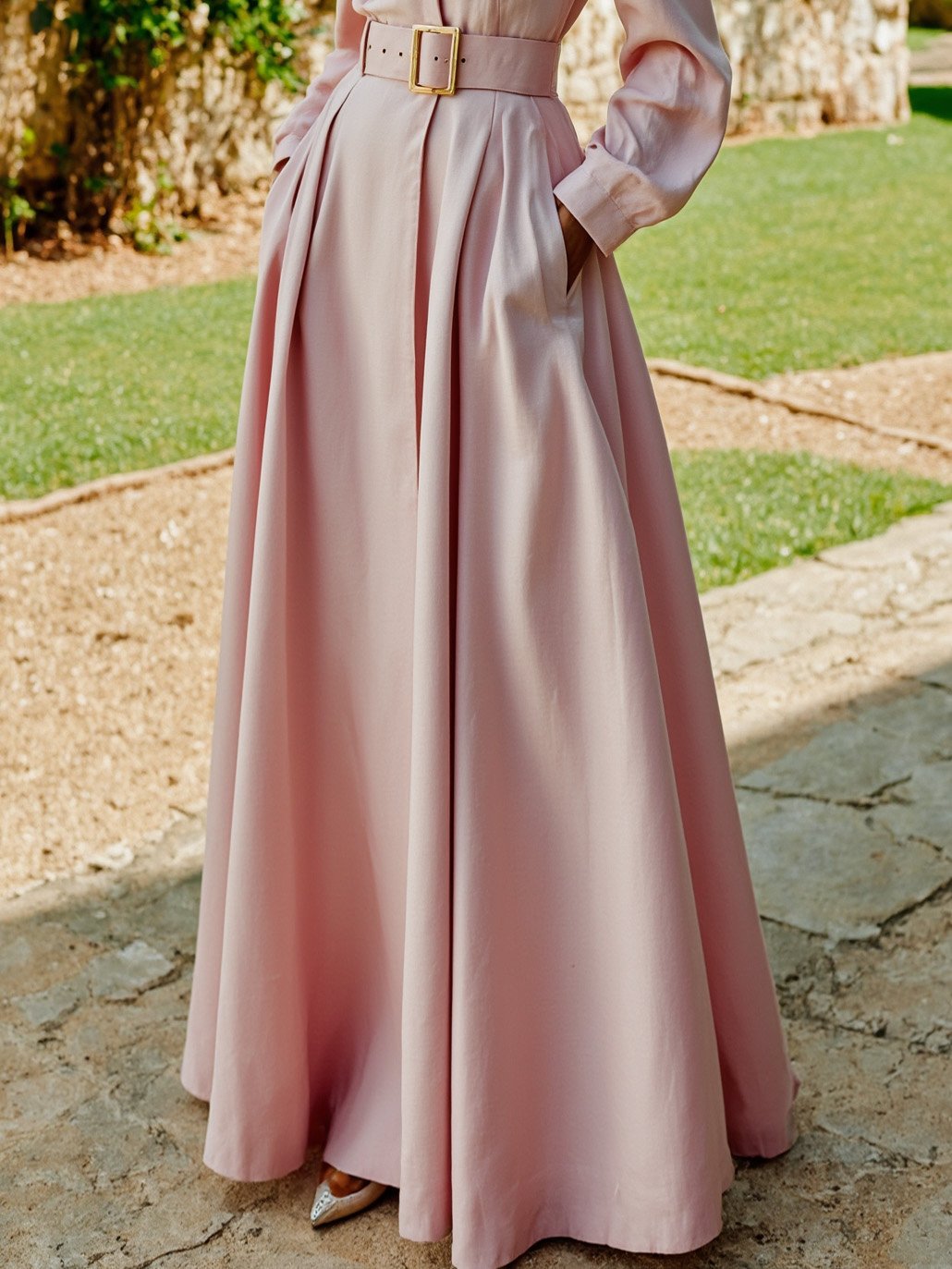 Maxi Cotton Dress, Long Sleeves, Lapel Collar, Plain, Belt Design, Vintage, Light Pink
