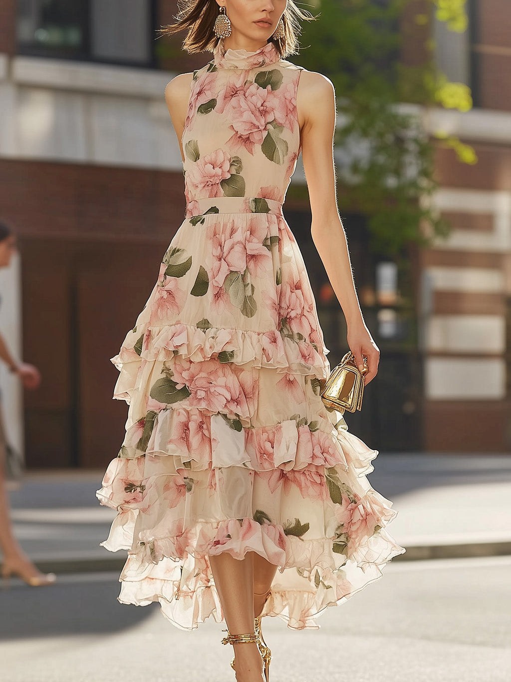 Charming Beige Chiffon Layered Dress with Pink Floral Print